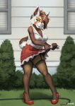  ailurid anthro bottomwear breasts brown_hair clothing external_wall female footwear foxovh green_eyes hair hi_res high_heels holding_bottomwear holding_clothing holding_object holding_skirt inner_ear_fluff lana_baginsky_(furlana) legwear mammal markings mole_(marking) on_ground outside panties pantyhose red_panda ring_(jewelry) skirt solo standing tail topwear tuft underwear wall_(structure) water_hose wet wet_clothing 