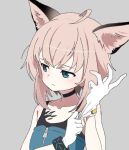  1girl animal_ears arknights armpit_crease black_camisole black_choker blue_eyes blue_shirt camisole choker closed_mouth collarbone commentary_request expressionless flat_chest fox_ears fox_girl glove_pull gloves grey_background hands_up infection_monitor_(arknights) layered_shirt light_blush light_brown_hair looking_ahead oripathy_lesion_(arknights) shirt short_hair simple_background solo spaghetti_strap strapless strapless_shirt sussurro_(arknights) u0w0v upper_body white_gloves zipper 