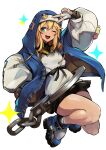  1boy androgyne_symbol bike_shorts bike_shorts_under_skirt black_gloves black_skirt blonde_hair blush bridget_(guilty_gear) cuffs fingerless_gloves gloves green_eyes guilty_gear guilty_gear_strive habit handcuffs hood hood_up hooded_jacket hoodie jacket long_sleeves looking_at_viewer male_focus medium_hair one_eye_closed open_clothes open_hoodie open_mouth otoko_no_ko pleated_skirt puffy_long_sleeves puffy_sleeves skirt smile solo sowel_(sk3) v yo-yo 