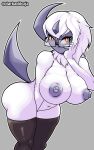  absol absurd_res anthro big_breasts big_butt breasts butt clothing dark_body dark_nipples dark_skin darkadibuja eyewear female fur generation_3_pokemon glasses hi_res legwear nintendo nipples pokemon pokemon_(species) red_eyes solo stockings tail thick_thighs white_body white_fur 