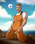  1boy adam_ellis arm_hair black_eyes boots brown_footwear brown_hair bulge commentary eyeball facial_hair full_body full_moon highres jumpsuit kneeling male_focus moon muscular muscular_male mustache ocean orange_jumpsuit original shirt solo t-shirt web_address white_shirt 