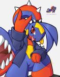  2023 3_fingers anthro bangs biped blue_body blue_clothing blue_hair blue_jacket blue_scales blue_topwear choker clothing devil_horns_(gesture) eyelashes female fingers garchomp generation_3_pokemon generation_4_pokemon gesture grey_background hair hair_mouth hi_res hybrid jacket jewelry leg_markings markings mawaifu mawile necklace nintendo open_mouth pokemon pokemon_(species) red_body red_eyes red_scales reference_image scales sharp_teeth signature simple_background socks_(marking) solo spiked_hairband spikes spikes_(anatomy) teeth tongue tongue_out topwear yellow_body yellow_scales 