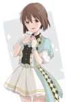  1girl argyle argyle_jacket ascot belt black_shirt blue_ascot blue_belt blue_wristband blush bob_cut border breasts brown_eyes brown_hair cowboy_shot dot_nose frilled_skirt frills grey_background hagiwara_yukiho hair_ribbon hands_up highres idolmaster idolmaster_(classic) idolmaster_million_live! idolmaster_million_live!_theater_days jacket looking_at_viewer medium_breasts mini39mame multicolored_clothes multicolored_jacket open_clothes open_jacket open_mouth outside_border ribbon shirt short_hair short_sleeves skirt smile solo standing tailcoat two-tone_jacket white_border white_ribbon white_skirt 