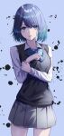  1girl black_sweater_vest blue_background blue_bow blue_bowtie blue_eyes blue_hair bow bowtie collarbone collared_shirt commentary_request dande_cat grey_skirt hair_between_eyes highres holding_own_wrist kurokawa_akane long_sleeves looking_at_viewer medium_hair oshi_no_ko parted_lips pleated_skirt school_uniform shade shirt simple_background skirt solo sweater_vest white_background white_shirt 