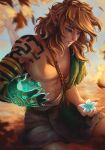  2023 5_fingers abs artist_name aura autumn blonde_hair blue_eyes claws clothed clothing detailed_background digital_drawing_(artwork) digital_media_(artwork) ear_piercing elf fingers flower hair hi_res humanoid humanoid_pointy_ears hylian kayfoxii leaf lily_(flower) link long_hair looking_down male markings muscular muscular_humanoid muscular_male nintendo outside piercing plant signature sitting solo tears_of_the_kingdom text the_legend_of_zelda tree tuft url 