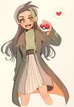  1girl :d alternate_costume belt blush buttons coat commentary_request earrings green_hair green_shirt hair_down hand_up hat heart highres holding holding_poke_ball jewelry long_hair long_sleeves looking_at_viewer multicolored_hair nemona_(pokemon) open_clothes open_coat open_mouth pleated_skirt poke_ball poke_ball_(basic) pokemon pokemon_(game) pokemon_sv shirt skirt smile solo spoken_heart teeth tisanntisyou tongue two-tone_hair upper_teeth_only 