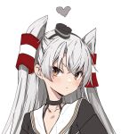  1girl amatsukaze_(kancolle) black_dress blush brown_eyes collarbone dress grey_hair hair_between_eyes hair_tubes highres kantai_collection long_hair looking_at_viewer parted_lips portrait sailor_collar sailor_dress simple_background solo takanashi_kei_(hitsujikan) two_side_up white_background white_sailor_collar 