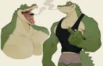  anthro avian biped bulge clothed clothing crocodilian duo feral grey_body hi_res inside_mouth k0bit0wani looking_at_viewer male orange_sclera pupils reptile scalie shirt simple_background slit_pupils smoking tan_body tank_top topless topwear 