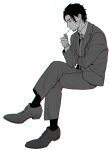  1boy 72_(sankasha) crossed_legs facial_hair full_body greyscale holding holding_lighter invisible_chair lighter long_sleeves male_focus monochrome mouth_hold necktie original profile salaryman shoes simple_background sitting smoking socks solo stubble suit white_background 