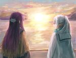  2girls blue_scarf brown_poncho commentary_request dangle_earrings earrings elf facing_away fern_(sousou_no_frieren) frieren green_eyes hair_ornament highres horizon huijin jacket jewelry long_hair multiple_girls outdoors pointy_ears profile purple_hair scarf sousou_no_frieren sun sunrise twintails white_hair white_jacket 