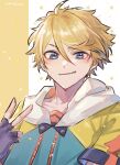  1boy black_gloves blonde_hair blue_eyes fingerless_gloves gloves hair_between_eyes highres hood hoodie male_focus multicolored_clothes multicolored_hoodie nijisanji nijisanji_en rakujin_yt solo v virtual_youtuber yu_q._wilson 