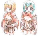  2girls adjusting_belt bangs belt blonde_hair breasts breasts_apart brown_belt brown_dress brown_eyes cape closed_mouth commentary_request cowboy_shot creator_(ragnarok_online) dress emurin expressionless gloves green_eyes green_hair living_clothes looking_afar looking_at_viewer multiple_girls navel open_mouth plunging_neckline ragnarok_online red_cape short_dress short_hair simple_background small_breasts smile strapless strapless_dress teeth white_background white_gloves 