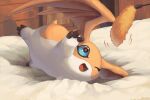  1other blue_eyes cat_teaser digimon digimon_(creature) highres indoors kira_(kira_dra) no_humans on_bed one_eye_closed open_mouth patamon solo wings 