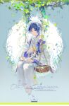  1boy animal_on_shoulder barefoot bird bird_on_shoulder black_hair blue_background blue_flower blue_ribbon branch character_doll closed_mouth commission copyright dated detached_sleeves falling_leaves feathers feet flower full_body genshin_impact highres japanese_clothes kimono layered_sleeves leaf long_sleeves looking_at_viewer male_focus multicolored_hair neck_ribbon pants parted_bangs plant pom_pom_(clothes) purple_eyes purple_hair purple_kimono red_ribbon ribbon rope scaramouche_(genshin_impact) scaramouche_(kabukimono)_(genshin_impact) short_hair sidelocks simple_background sitting smile solo sparkle star_(symbol) summer swing toes u37777123 veil vest vines watermark white_background white_flower white_pants white_sleeves white_vest wide_sleeves 