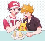  2boys :d blonde_hair blue_oak buttons closed_eyes collared_shirt commentary_request eating feeding food fork hand_up hat holding holding_fork leaf male_focus mochi_(mocchi_p_2m) multiple_boys open_mouth pancake plate pokemon pokemon_(game) pokemon_sm red_(pokemon) shirt short_hair short_sleeves smile spiked_hair teeth upper_teeth_only 