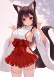  1girl absurdres animal_ears breasts closed_mouth commentary_request double_fox_shadow_puppet fox_ears fox_girl fox_shadow_puppet hakama highres hinata_(user_rjkt4745) japanese_clothes large_breasts long_hair looking_at_viewer miko original red_eyes red_hakama smile solo standing tail thighhighs thighs white_thighhighs wide_sleeves 