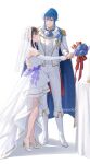  1girl black_hair blue_hair bridal_veil bride cape commission couple dress fire_emblem fire_emblem:_genealogy_of_the_holy_war fire_emblem_heroes formal groom high_heels highres husband_and_wife larcei_(fire_emblem) moja_(rainpoow) purple_eyes seliph_(fire_emblem) short_hair simple_background smile suit sword tomboy tuxedo veil weapon wedding wedding_cake_cutting wedding_dress 