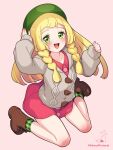  1girl :d bangs beret blonde_hair blunt_bangs blush boots braid brown_footwear buttons cable_knit cardigan collared_dress commentary_request cosplay dress eyelashes full_body gloria_(pokemon) gloria_(pokemon)_(cosplay) green_eyes green_headwear green_socks grey_cardigan hat highres hooded_cardigan kinocopro lillie_(pokemon) long_hair open_mouth pink_dress plaid_socks pokemon pokemon_(game) pokemon_sm pokemon_swsh sleeves_past_wrists smile socks solo teeth tongue twin_braids twitter_username upper_teeth_only watermark 