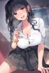  1girl absurdres black_hair blush breasts cleavage clothes_around_waist commentary_request earrings highres indoors inushima jewelry large_breasts long_hair looking_at_viewer nail_polish original red_eyes school_uniform shirt skirt solo sweater sweater_around_waist thighs white_shirt window 