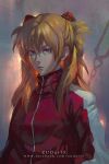  1girl artist_name blue_eyes chain closed_mouth grey_background hair_between_eyes hair_ornament hand_in_pocket jacket lips long_hair long_sleeves looking_at_viewer neon_genesis_evangelion orange_hair red_jacket sidelocks simple_background solo souryuu_asuka_langley standing track_jacket two_side_up v-shaped_eyebrows zudarts_lee 