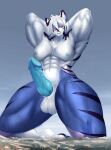  2022 absurd_res anthro balls big_muscles blue_body blue_fur blue_penis breasts city felid fur genitals giga gynomorph hair hi_res huge_muscles intersex kneeling kneeling_on_ground landscape landscape_dwarfing looking_down macro mammal muscular muscular_anthro muscular_gynomorph muscular_intersex pantherine penis purple_body purple_fur solo solutionwcs striped_body striped_fur stripes taimu_(curioustorvald) tiger vein veiny_penis white_body white_fur white_hair 