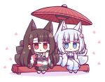  2girls akagi_(azur_lane) akagi_(precipice_of_sweetness)_(azur_lane) animal_ears azur_lane black_sash blue_eyes blue_sash brown_hair brown_tail chibi cup food fox_ears fox_tail highres holding holding_cup holding_food japanese_clothes kaga_(azur_lane) kaga_(gentle_blossom&#039;s_sigh)_(azur_lane) kashimu kimono kitsune kyuubi long_hair long_sleeves looking_at_viewer multiple_girls multiple_tails official_alternate_costume oil-paper_umbrella pink_kimono red_umbrella sash short_hair simple_background sitting tail umbrella wagashi white_background white_hair white_kimono white_tail wide_sleeves yukata 