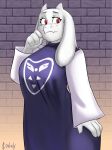  2023 absurd_res anthro boss_monster bovid brick_wall caprine clothed clothing ears_down female fur goat hi_res horn looking_aside mammal pivoted_ears portrait red_eyes signature solo souley69 thick_thighs three-quarter_portrait toriel undertale undertale_(series) wall_(structure) white_body white_fur 