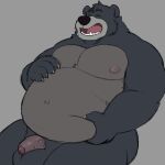  2023 anthro balls baloo bear belly big_belly black_nose eyes_closed genitals kosukerw male mammal moobs nipples overweight overweight_male penis simple_background solo the_jungle_book 