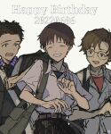  aida_kensuke belt black_pants blonde_hair brown_belt brown_hair confusionnav dated glasses green_bag happy_birthday highres ikari_shinji neon_genesis_evangelion open_mouth pants school_uniform shirt simple_background suzuhara_touji tokyo-3_middle_school_uniform white_background white_shirt 