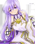  1girl bare_shoulders blush breasts circlet dress fire_emblem fire_emblem:_genealogy_of_the_holy_war hand_in_own_hair julia_(fire_emblem) long_hair purple_eyes purple_hair simple_background smile solo yukia_(firstaid0) 