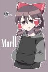  1girl aaaa_(aaaa480) blush bow brown_eyes brown_hair character_name commentary_request cookie_(touhou) cropped_torso earrings flat_chest frilled_bow frilled_hair_tubes frills grey_background grey_hoodie hair_between_eyes hair_bow hair_tubes hakurei_reimu hands_in_pocket highres hood hood_down hoodie jewelry long_bangs looking_at_viewer maru_(cookie) open_mouth outline raglan_sleeves red_bow short_hair simple_background solo squiggle stud_earrings touhou upper_body white_outline 