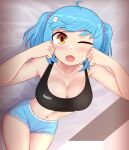  1girl :o absurdres ahoge bare_shoulders blue_hair blue_shorts blush brand_name_imitation breasts cleavage collarbone english_text hair_ornament hairclip highres ii_(peps_art) large_breasts light_blue_hair looking_at_viewer lying navel navel_piercing on_bed one_eye_closed orange_hair original peps_art piercing short_shorts short_twintails shorts sidelocks sitting solo sports_bra swept_bangs thigh_gap twintails v 