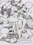  2023 angry_eyes anthro birdpaw_(artist) bodily_fluids bovid breasts breath caprine chubby_anthro chubby_female digital_media_(artwork) dragon dripping duo ear_piercing ear_ring fangs feathered_dragon feathered_wings feathers female fur furred_dragon fursona_(birdpaw) genital_fluids genitals graphite_(artwork) guide_lines hand_on_arm hand_on_butt hand_on_head hi_res horn male male/female mammal pencil_(artwork) penis piercing pink_penis precum precum_drip pussy ring_piercing scratches sheep speech_bubble tail_feathers talons teeth traditional_media_(artwork) wings wool_(fur) wounded 