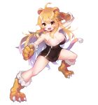  1girl :d ahoge animal_ears animal_hands black_dress blonde_hair breasts cawang cleavage dress fighting_stance full_body gloves highres large_breasts lion_ears lion_girl lion_tail long_hair looking_at_viewer original paw_gloves paw_shoes short_dress simple_background smile solo strapless strapless_dress tail twitter_username very_long_hair white_background 