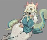  belly big_breasts breasts dripping female goo_creature goo_humanoid goo_tentacles grey_background hair hair_over_eye hi_res horn humanoid morsxine multicolored_body one_eye_obstructed simple_background slime solo sticky tail tentacles thick_thighs yellow_eyes 