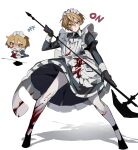 1boy @_@ alternate_costume apron back_bow black_dress black_gloves blonde_hair blood blood_on_clothes blood_on_face bow chibi closed_mouth crying crying_with_eyes_open dress empty_eyes enmaided frilled_apron frilled_dress frills full_body gloves hair_between_eyes halberd highres holding holding_polearm holding_weapon id_card juliet_sleeves leggings limbus_company long_sleeves looking_at_viewer maid maid_apron maid_headdress male_focus mu46016419 polearm project_moon puffy_sleeves serious short_hair simple_background sinclair_(limbus_company) solo tears weapon white_apron white_background white_bow white_leggings yellow_eyes 