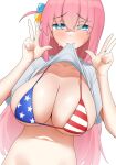  1girl absurdres american_flag_bikini arcbun bikini blue_eyes bocchi_the_rock! breasts cleavage clothes_lift collarbone cube_hair_ornament double_w flag_print gotou_hitori hair_between_eyes hair_ornament highres large_breasts lifted_by_self long_hair looking_at_viewer mouth_hold navel pink_hair shirt_lift simple_background solo sweat swimsuit upper_body w white_background 