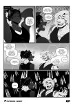  anthro clothed clothing comic dialogue duo english_text felid hi_res hybrid laugh liger male mammal monochrome muscular muscular_male nimzy pantherine shirt text tobi_(nimzy) topwear 