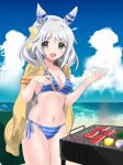  1girl absurdres animal_ears beach bikini blue_bikini blue_sky breasts chopsticks cleavage cloud cooking day ear_covers food green_eyes grill grilling highres hishi_miracle_(umamusume) holding holding_chopsticks horse_ears horse_girl horse_tail jacket jacket_on_shoulders kazakoshi_nonta meat medium_breasts medium_hair navel outdoors side-tie_bikini_bottom sky solo striped striped_bikini swimsuit tail umamusume white_hair 