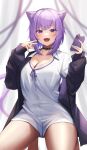  1girl :d absurdres animal_ear_fluff animal_ears black_collar blunt_bangs breasts cat_ears cat_girl cellphone cleavage collar fang highres holding holding_phone hololive kneeling large_breasts long_sleeves looking_at_viewer menmen_(menmen13s) nekomata_okayu open_mouth phone purple_hair shirt short_hair skin_fang smile solo thighs virtual_youtuber white_shirt 