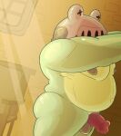  2023 amphibia_(series) amphibian anthro armor balls belly big_belly disney frog genitals green_body haxsmack headgear helmet hi_res male mire_(amphibia) moobs nipples overweight overweight_male penis solo 