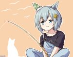  1girl :3 absurdres animal_ears bird black_shirt blue_eyes blush brown_background cat closed_mouth collarbone commentary_request fishing_line fishing_rod flower goom_(goomyparty) grey_hair hair_between_eyes hair_flower hair_ornament hairclip highres horse_ears outline overalls seiun_sky_(umamusume) shirt short_sleeves simple_background solo twitter_username umamusume white_outline yellow_flower 