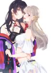  2girls black_hair blush breasts brown_eyes character_request closed_mouth commentary_request copyright_request earrings hair_ribbon highres jewelry ll_446 long_hair multiple_girls open_mouth purple_eyes ribbon tongue yellow_ribbon yuri 