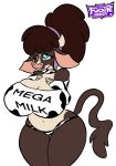  2022 animal_print anthro anthrofied big_breasts biped blurred_background blush blush_lines bonnet bottomwear bovid bovine breasts brown_body brown_fur brown_hair brown_tail butt cattle clothing cow_print digital_drawing_(artwork) digital_media_(artwork) ears_down english_text eyelashes female flat_colors fur genitals hair headgear headwear hi_res holstein_friesian_cattle hooves horn mammal minnesota_(tfh) multicolored_body multicolored_fur navel pink_inner_ear pink_nose pivoted_ears print_clothing print_topwear slightly_chubby smile solo steelsoul tail tan_body tan_fur teal_eyes text them&#039;s_fightin&#039;_herds topwear two_tone_body wide_hips 