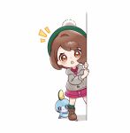  1girl boots brown_eyes brown_footwear brown_hair buttons cable_knit cardigan chibi collared_dress dress gloria_(pokemon) green_headwear green_socks grey_cardigan hat highres hooded_cardigan looking_at_viewer mito_(mtkg2884) notice_lines open_mouth peeking_out pink_dress pokemon pokemon_(creature) pokemon_(game) pokemon_swsh sobble socks standing tam_o&#039;_shanter teeth upper_teeth_only 