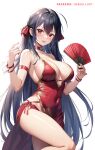  1girl alternate_costume arm_strap azur_lane black_hair bracelet breasts china_dress chinese_clothes choker cleavage covered_navel cowboy_shot dress folding_fan hand_fan holding holding_fan jewelry large_breasts long_hair patreon_username red_choker red_dress red_eyes red_nails sebu_illust simple_background solo taihou_(azur_lane) thighs very_long_hair white_background 