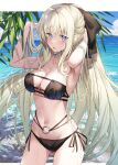  1girl ass_visible_through_thighs bare_shoulders beach bikini black_bikini black_bow blue_eyes blue_sky blush bow braid breasts cleavage collarbone fate/grand_order fate_(series) french_braid grey_hair hair_bow highres large_breasts long_hair looking_at_viewer morgan_le_fay_(fate) navel open_mouth ponytail renka_(renkas) shore sidelocks sky solo swimsuit thighs very_long_hair wet 