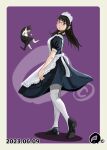  1girl apron black_footwear black_hair cat dated glasses looking_at_viewer looking_back maid maid_apron maid_headdress mole mole_under_eye original pantyhose purple_background q98780409 simple_background solo standing white_pantyhose 
