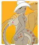  2017 anthro areola big_breasts blowup_background breasts brown_markings butt clothing countershade_tail countershade_torso countershading cowboy_hat digital_media_(artwork) dyma_(justathereptile) female hat headgear headwear hi_res justathereptile looking_at_viewer markings nipples non-mammal_breasts non-mammal_nipples nude pink_areola pink_nipples pit_viper pose rattle_(anatomy) rattlesnake reptile scales scalie simple_background smile snake solo tail tan_body tan_scales tan_skin viper watermark yellow_background yellow_eyes 