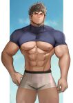  1boy abs absurdres bara bare_pectorals black_hair black_shirt boxer_briefs clothes_lift facial_hair goatee highres large_pectorals male_focus male_underwear mikicat muscular muscular_male navel nipples one_eye_closed pectorals rex_(xenoblade) scar scar_across_eye scar_on_face shirt shirt_lift short_hair solo thick_thighs thighs underwear white_male_underwear xenoblade_chronicles_(series) xenoblade_chronicles_3 